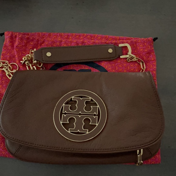 TORY BURCH Solid brown Leather Large Logo Clutch Crossbody Bag - Picture 4 of 4